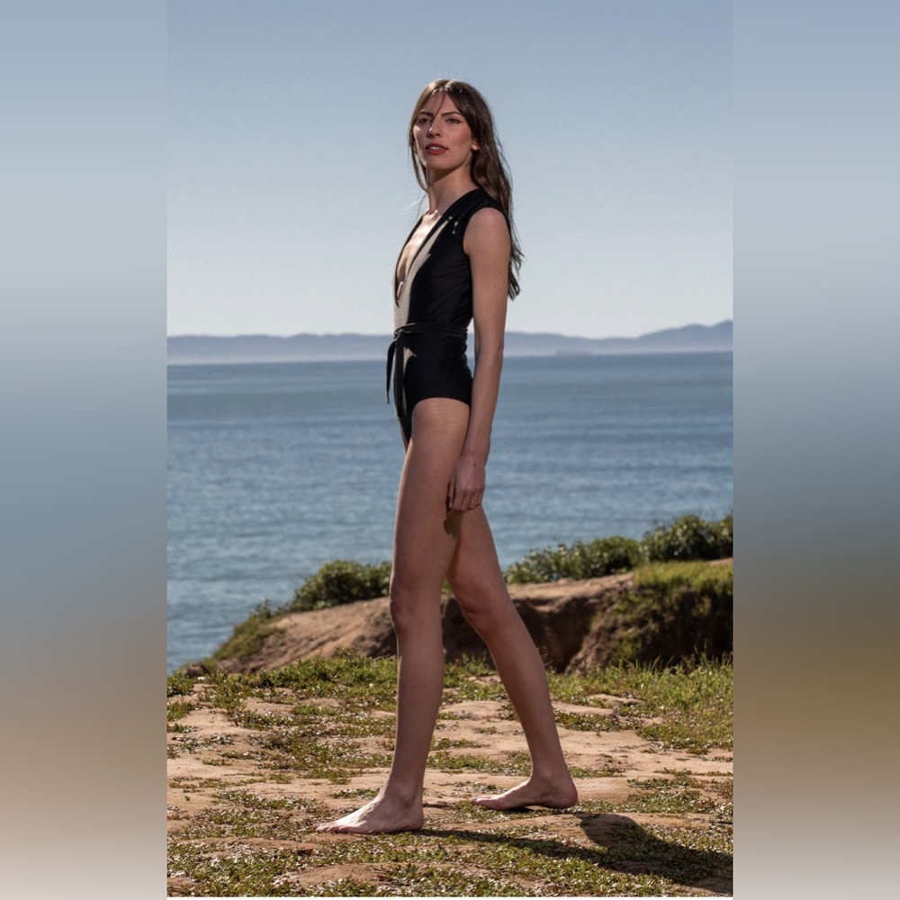 Heidi Merrick Black Camelia Swimsuit w Belt Tie